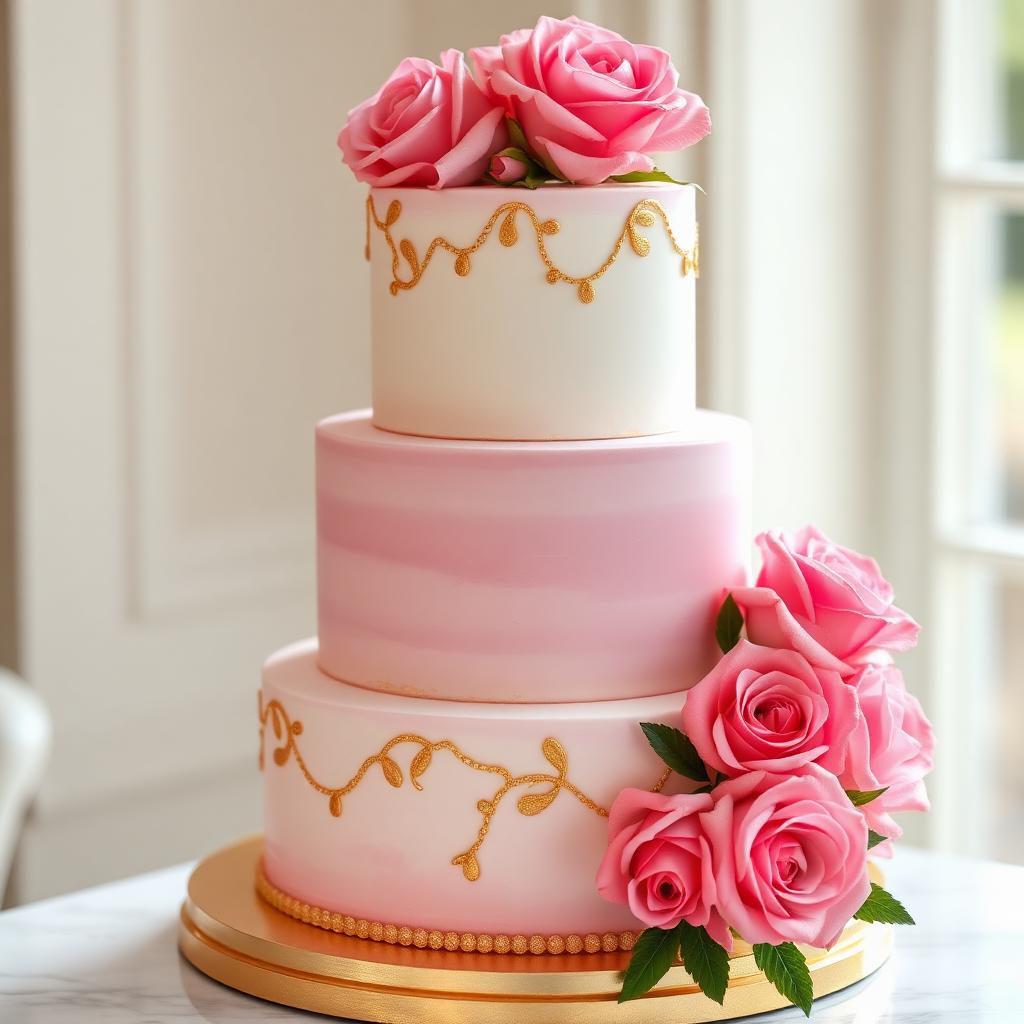 Tiered pink and gold custom birthday cake with fresh roses by Nep's Custom Treats