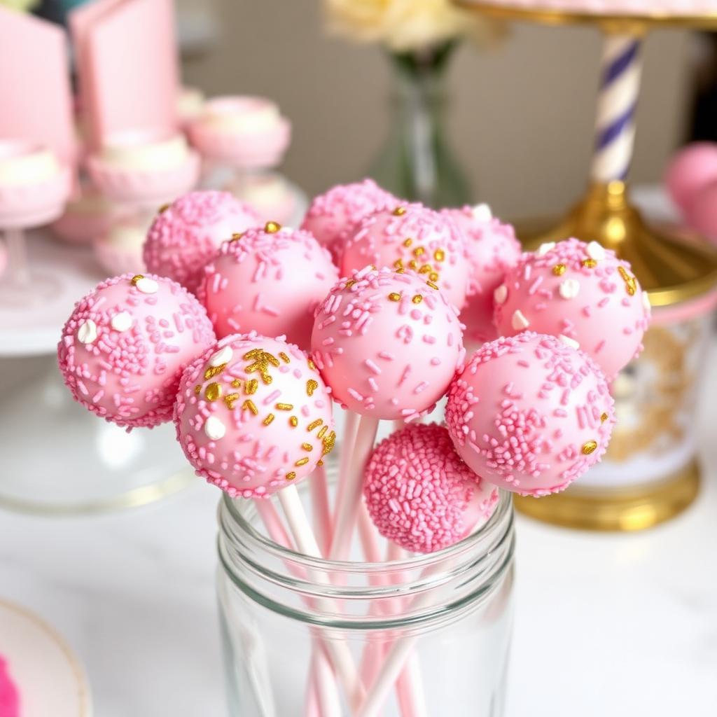 Pink sprinkled cake pops in a glass jar — custom dessert treats