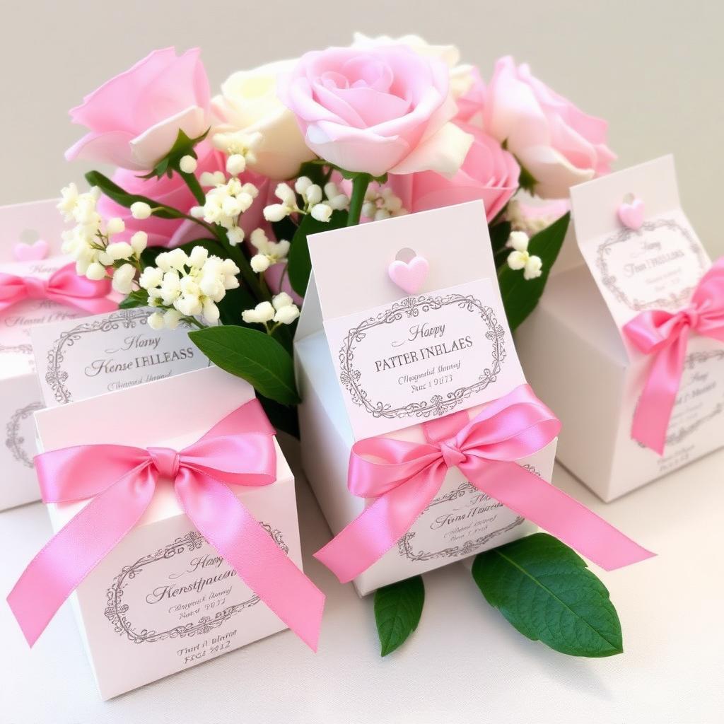 Personalized party favor boxes with pink ribbon — custom event favors