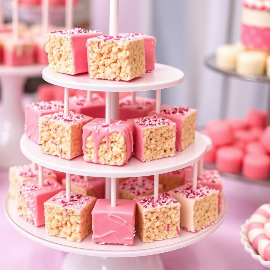 Tiered display of pink rice krispie treats for a themed party
